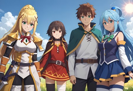 (this end result was inpainted, you can't plug this in, sorry) 

Can read description for a set of steps taken.

score_9,score_8_up,score_7_up,source_anime,fantasy,grassy,flowers,backlighting,field,(((3girls))),multiple girls,(1boy),Darkness,Megumin,kazuma satou,Aqua_(Konosuba) BREAK
blue sky,sun,white fluffy clouds BREAK
(1girl),<lora:Darkness_konosuba_V2:0.8>,darkness /(konosuba/),long hair,green eyes,blonde hair,x hair ornament,ponytail,braid,gloves,armor,bodysuit,shoulder armor,armored dress BREAK
(1girl),<lora:konosuba-megumin-s2-ponyxl-lora-nochekaiser:0.8>,megumin,short hair,black hair,red eyes,short hair with long locks,thighhighs,gloves,hat,dress,black gloves,belt,black thighhighs,fingerless gloves,cape,collar,witch hat,bandages,red dress,single thighhigh,asymmetrical legwear,bandaged leg BREAK
(1boy),<lora:kazuma-satou-s2-ponyxl-lora-nochekaiser:0.7>,kazuma satou,short hair,brown hair,green eyes,male focus,shirt,long sleeves,white shirt,belt,pants,capelet,brown belt BREAK
(1girl),<lora:Aqua_Pony:0.7>,Aqua_(Konosuba),blue_eyes,blue_hair,long_hair,hair_rings,medium_breasts,blue_eyes,blue_hair,long_hair,hair_rings,medium_breasts,bare_shoulders,blue_skirt,(blue_thighhighs:0.9),detached_sleeves,green_bowtie,hair_ornament,miniskirt,white_sleeves,white_thighhighs,sleeveles_shirt,blue_shirt,