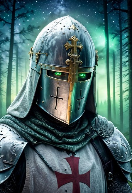 comic style, professional, 4k, highly detailed, ((masterpiece)), cinematic lighting, UHD, HDR, best quality, looking at viewer, 1 man, green eyes, masculine, medium shot, (((heavily inspired by high fantasy style art))), KNIGHT CRUSADER, HELMET, GREAT HELM WITH A CROSS, high fantasy northern forest background, night time, magical atmosphere, starry sky,
