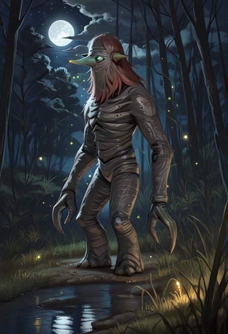 masterpiece,best quality,amazing quality,very aesthetic,absurdres,newest, huge filesize, absurd res, 
pascaH, no face, monster, grey skin, wrinkly body, horns, full body, side view, claws, forest, nighttime, stars, moon, trees, clouds, grass, fireflies, beautiful, glowing, scenery, spooky, woman with green eyes and red hair caught by creature,
