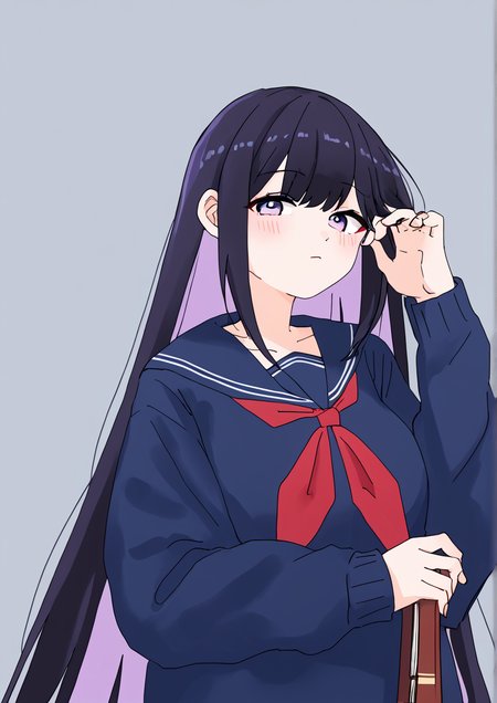 1girl, huge breast, black hair, blue sailor collar, blue serafuku, blue shirt, blush, book, closed mouth, covered collarbone, fingernails, hand in own hair, hand up, hugging object, long hair, long sleeves, looking at viewer, multicolored hair, neckerchief, purple eyes, purple hair, red neckerchief, sailor collar, school uniform, serafuku, shirt, solo, two-tone hair, upper body, very long hair,  zPDXL3,handfixer <lora:bobok:0.8> <lora:HandFixer_pdxl_Incrs_v1:1>