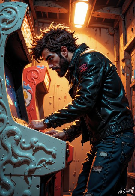 Extreme low-angle shot, 50mm fisheye lens with pronounced barrel distortion, intense motion blur on the character's movements, deep f/4 depth of field. A dimly lit, warm-toned scene with a single overhead spotlight. A man with a messy brown afro and a scruffy beard stands at a sleek, minimalist arcade machine, wearing a black leather jacket and ripped jeans. He's hunched over the control panel, his fingers moving swiftly over the buttons. The arcade machine itself is a work of art, a massive, ornate structure with intricate carvings of dragons and phoenixes, its surface a gleaming white that seems almost otherworldly in the dim light., CreeepyCuteMagic<lora:Flux/creeepycutemagic-000012 - version ER.safetensors:0.5000000000000001:0.5000000000000001> <lora:CustomFlux/MysticComic-v2.safetensors:0.5000000000000001:0.5000000000000001>