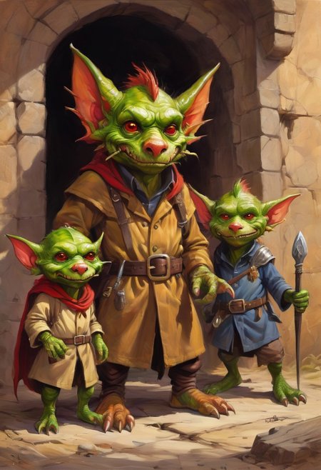 a painting of 3 kobolds in a trench coat, kobold wizard mafia, cute fantasy art, art, oil painting, digital painting
Furry Creatures or Goblin-like Beings, diminutive, humanoid figures,  gnome-like, furry goblin-like beings with cute exaggerated features, dog-dragon like
Elmore_Style_LX, in the style of jeff-easley