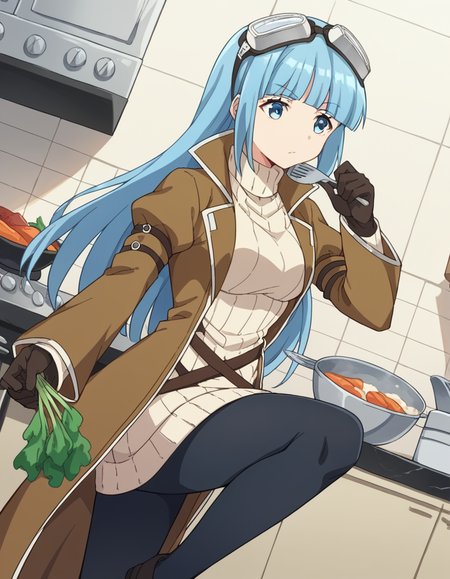 score_9, score_8_up, score_7_up, source_anime, <lora:bofuri-iz-s2-ponyxl-lora-nochekaiser:1>, iz, long hair, bangs, blue eyes, blue hair, blunt bangs,, gloves, long sleeves, dress, pantyhose, black gloves, sweater, coat, turtleneck, goggles, ribbed sweater, goggles on head, open coat, turtleneck sweater,, kitchen, cooking, apron, cutting vegetables, home cooking, , , knee up, elbow bent, foot on tiptoe, solo,, cowboy shot, dutch angle