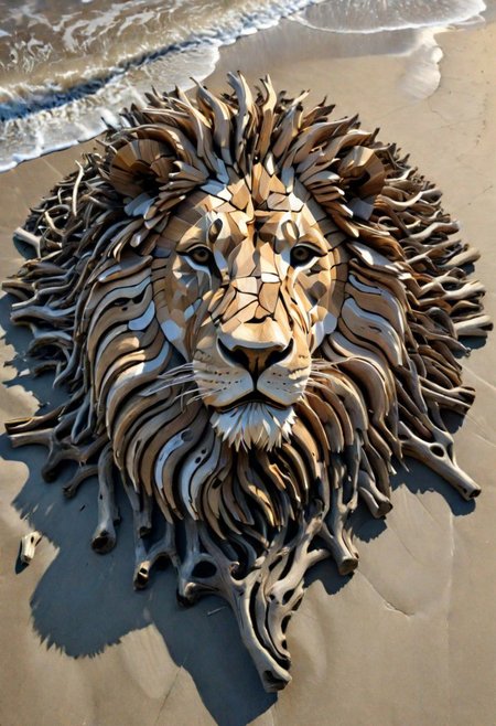 (drift wood washes up on the shore, all the tiny parts of drift wood form together to create a perfect  shape of a Driftwood Lion on the shore), abstract, 3d render, strong, insanely intricate details, (masterpiece), breathtaking natures art work