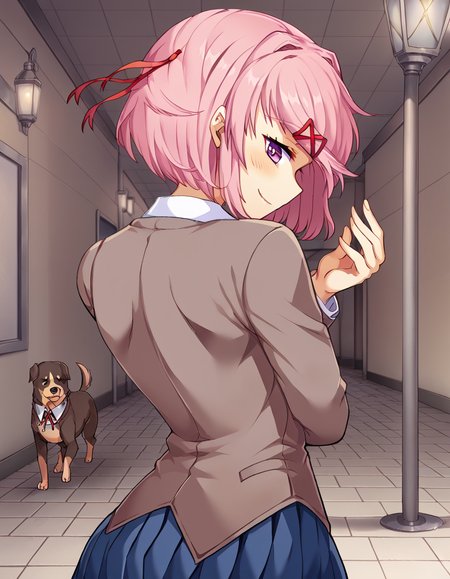 score_9, score_8_up, score_7_up, source_anime, <lora:ddlc-natsuki-ingame-ponyxl-lora-nochekaiser:1>, natsuki, fang, hair ornament, pink hair, purple eyes, short hair, short sidetail, swept bangs, x hair ornament,, blazer, blue skirt, brown jacket, collared shirt, jacket, long sleeves, miniskirt, neck ribbon, pleated skirt, red ribbon, ribbon, school uniform, shirt, skirt, swept bangs, vest, white shirt, wing collar,, city street, evening, streetlights, walking dog, quiet neighborhood, gentle breeze, smile, <lora:dio-brandos-pose-ponyxl-lora-nochekaiser:1>, dio brandos pose, dio brando's pose (jojo), back, ass, from behind, jojo pose, standing, blush, smile, bed room,, looking at viewer, solo,, dutch angle, cowboy shot