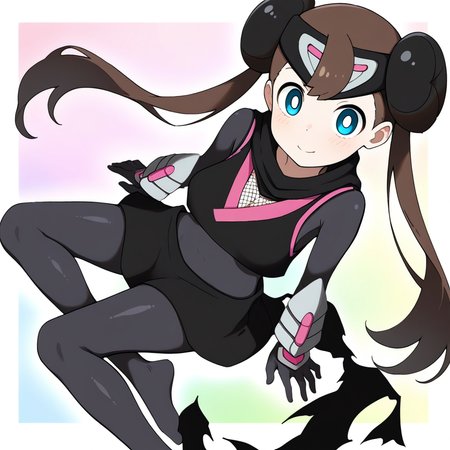 2d, masterpiece, best quality, amazing quality, highres, absurdres, newest, 1girl, solo, sitting, yokozuwari, from above, dutch angle, looking at viewer, multicolored background, simple background, colorful background, medium breasts, ninrosa, blue eyes, white pupils, brown hair, long hair, twintails, double bun, bangs, forehead protector, crop top, arm guards, fishnet bodystocking, black bodysuit, black scarf, torn scarf, ninja, black skirt, miniskirt