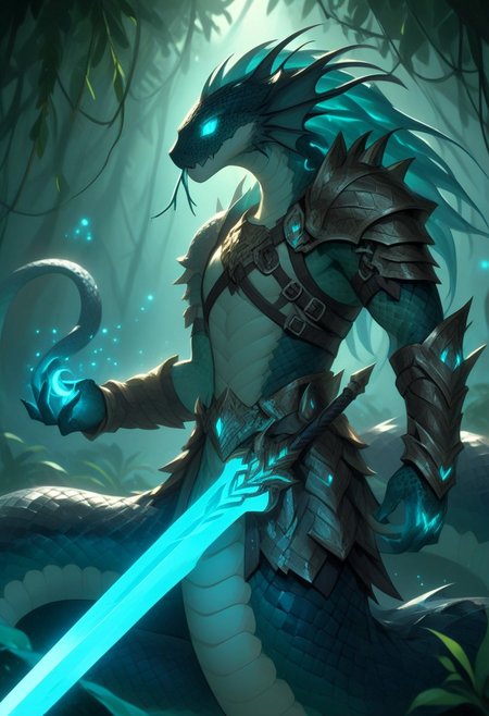 Naga,  holding a Glowing Rune Sword, glowing rune armor,