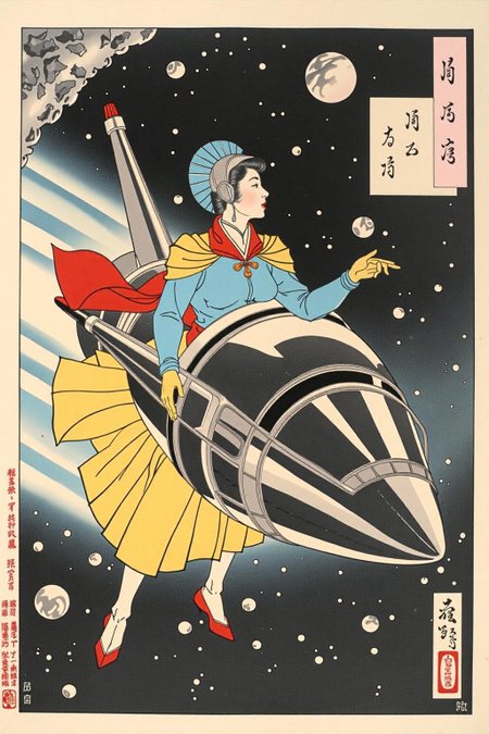 tsukioka1 Japanese woodblock print ukiyo-e. 
A woman wearing a futuristic yet retro uniform, confidently steers her gleaming chrome spacecraft through a dense field of asteroids  
 <lora:schnell_v1.0:1.0> <lora:tsukioka_ukyo-e4_nocap_d8a4:1.0><lora:798029233394932920:0>