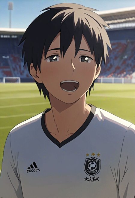 Highres, Masterpiece, High Quality, 4K, 8K, solo, 1Boy, Takaki Toono, adult, black hair, short hair, Soccer Boy, soccer player, field, happy, tired, celebration, sunny day, easynegative, detailed_eye_model