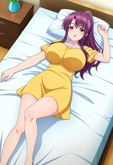 general,highres, ultra-detailed,very aesthetic,best quality ,best hands,best eyes,easynegative,
dynamic anglre, dutch angle, anime cloring,anime screencap,
1girl solo,looking at viewer,sleepy, lying on bed, on back, full body, open mouth, bedroom, 
Natsuki KITAMURA,purple hair, ponytail, red eyes, huge_breasts,