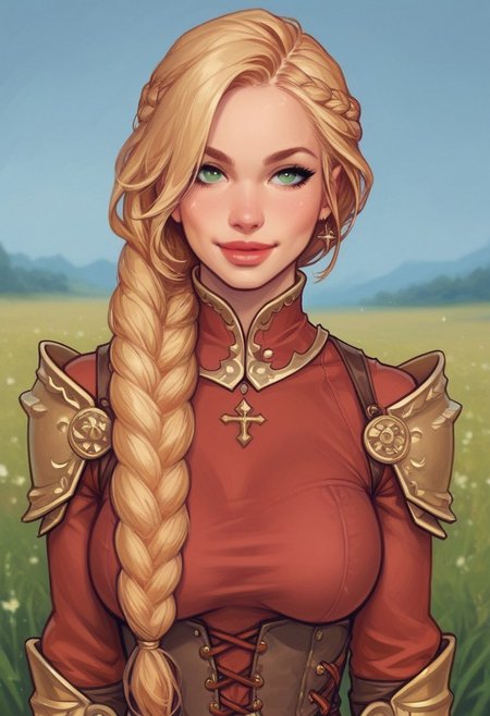 1girl, (((front view))), illustration, looking at viewer, highly detailed, from front,1girl, looking at viewer, highly detailed, skinny, looking at viewer, 1girl, masterpiece, best quality, full body portrait, 1girl, <lora:agrias-nvwls-v3:1> agrias, ((armor, corset, dark red dress, brown gloves)), cross-laced boots, looking at viewer, sidelocks, braided ponytail, light green eyes, Romance, sci-fi, artificial intelligence, highly detailed
BREAK 
slight smile, looking at viewer, 
BREAK 
long hair, blonde hair, hair over one eye, big hair, 
BREAK 
best quality, depth of field, bokeh, (((full clothed)))  (best quality, high detail), ((masterpiece)), <lora:1_ino_20e:1>
BREAK 
((((((field, mill)))))) score_9, score_8_up, score_7_up, score_6_up, source_cartoon, rating_explicit, Expressiveh, (((((upper body))))), dynamic pose