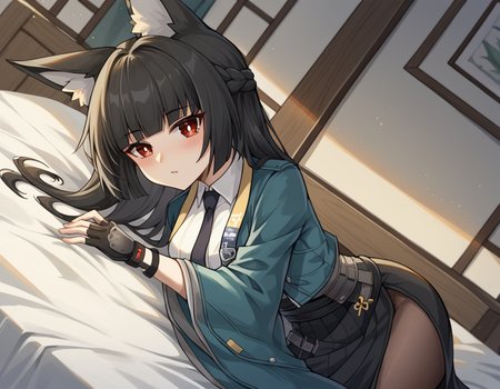 score_9, score_8_up, score_7_up, source_anime, miyabihoshimi, <lora:miyabi-hoshimi-ponyxl-lora-nochekaiser:1>, miyabi hoshimi,animal ear fluff, animal ears, black hair, bright pupils, fox ears, fox girl, half updo, long hair, red eyes, sidelocks, white pupils,, asymmetrical gloves, black gloves, black necktie, black skirt, blue jacket, collared shirt, fingerless gloves, gloves, high-waist skirt, jacket, long skirt, necktie, shirt, side slit, single fingerless glove, skirt, white shirt, wide sleeves,, indoors, bed, bed room, on side, blush, drunk, looking at viewer, solo, cowboy shot, dutch angle