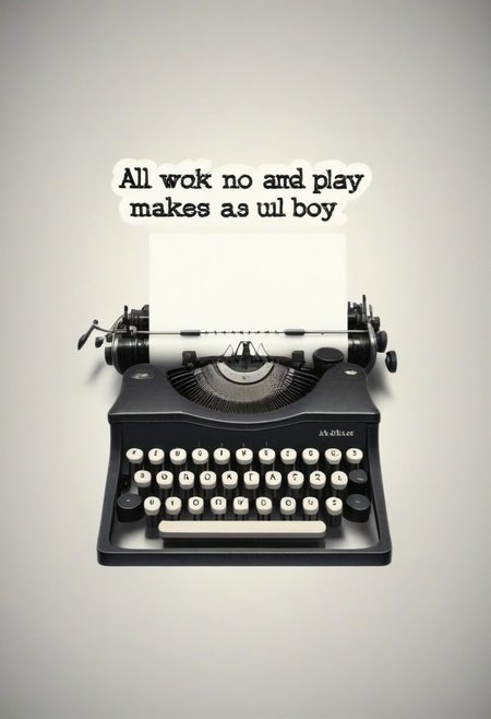 {"All work and no play makes Jack a dull boy" text logo}, [typewriter | Jack Torrance], 80s