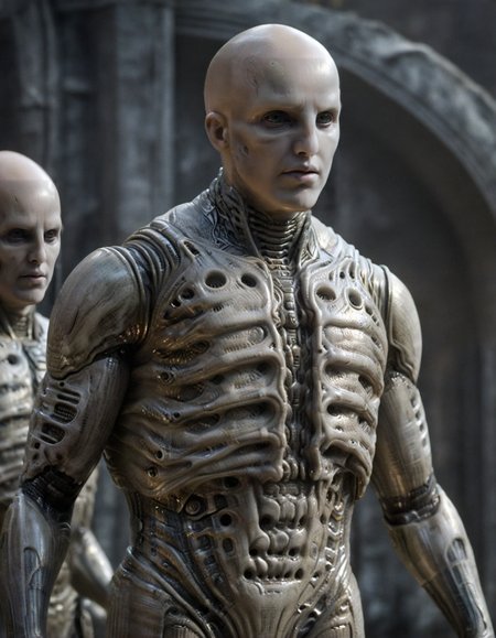 Engineer1024, cinematic movie still of the Prometheus movie by Ridley Scott, a bald pale semi-alien male with black eyes, ivory bio-metallic-bone armor inspired by H. R. Giger, extremely detailed pale skin with visible respiratory pores, in a dynamic pose,
extremely high quality RAW photograph, exquisite details and textures, highly detailed, ultra detailed photograph, dramatic cinematic lighting, 4k,
highest resolution, (bokeh:1.3), (best quality, masterpiece:1.3), ultra high res, 16k unity wallpaper, intricate details, highest detailed, sharp focus, extreme shadow-play, low key, backlit, (filmgrain:1.3)
dramatic full body shot, wide angle view
ancient ruins of an otherworldly alien planet , dusty atmospheric haze, mesmerizing fog, dark pastel colors
<lora:add-detail-xl:1> <lora:xl_more_art-full_v1:0.5>  <lora:Engineer1024:0.6>
