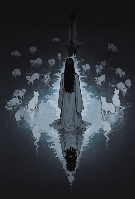 score_9, score_8_up, score_7_up, masterpiece, best quality, very aesthetic, 1girl, incoth, (incase:0.6), detailed face, (dynamic:1), stylized, illustration, r17329_illu, mage, robes, long hair, ethereal cats, ghost cats, summoner, reflection lake, 