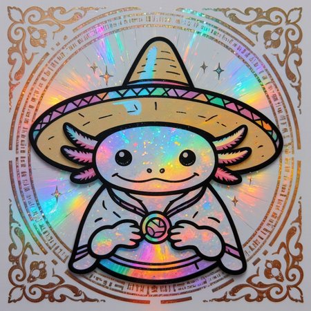 vibrant reflective holographic drawing in the style of ckhg of a simple depiction of an axolotl wearing a sombrero and a poncho with a simply drawn face with smile, with 6 freilly gills and an ornate holographic design back ground<lora:Axomodel_Flux_V1.1.safetensors:1.0:1.0> <lora:ck-holographic-glitter-000015.safetensors:1:1>
