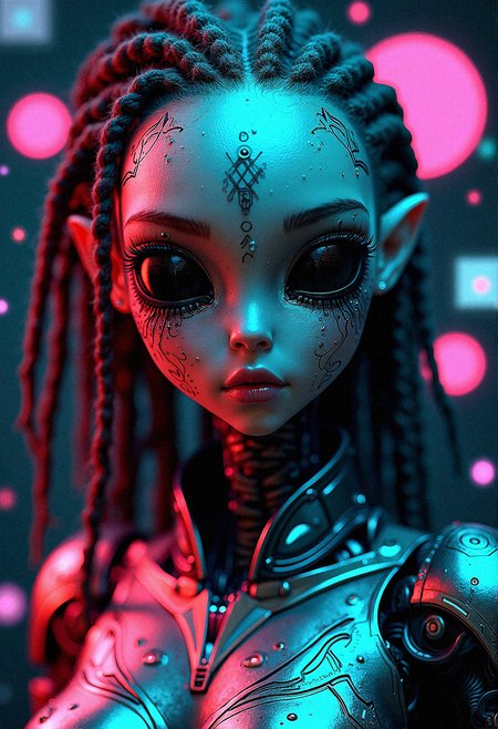 Imagine a close-up shot of a futuristic humanoid figure with an alien-like face, sculpted with intricate cybernetic plating that melds seamlessly into their skin. The face is elongated, with large, reflective black eyes that draw in the light around, creating a void-like gaze. The character's hair, styled into thick, textured dreadlocks, falls around their face and shoulders. Embedded in the hair are thin, glowing fiber-optic strands, pulsing with soft, cyan light. The cybernetic exoskeleton covering their body is a masterpiece of metalwork, with delicate engravings and symbols that hint at an unknown language or code. Surrounding the figure are neon icons—circles, triangles, crosses, and squares—that hover in mid-air, glowing in vivid pink and cyan hues. These symbols cast a subtle, colorful glow onto the figure's armor, enhancing the intricate details and giving it a retro-futuristic look. The background is dark, allowing the neon lights and metallic details to pop, creating a striking contrast that emphasizes the character’s mysterious, otherworldly essence.