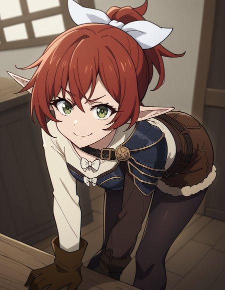 score_9, score_8_up, score_7_up, source_anime, <lora:rhea-fighter-s2-ponyxl-lora-nochekaiser_r1:1>, rhea fighter, green eyes, hair ribbon, ponytail, red hair, pointy ears, elf, white bow, white ribbon, ribbon,, gloves, bow, pantyhose, shorts, belt, armor, black pantyhose, fur trim, short shorts, brown gloves, toeless legwear, legwear under shorts, brown shorts,, indoors, bent over, smile, smug, looking at viewer, solo,, cowboy shot, dutch angle