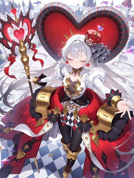 malice queen hearts of crypter,1girl,solo,from above,looking at viewer,staff,outstretched arms,closed mouth,red crown,glitch,heart earrings,heart halo,black pantyhose,gold armored boots,multicolored dress,red waistcoat,closed eyes,castle,alice in wonderland,
masterpiece,best quality,amazing quality,very aesthetic,absurdres,newest,<lora:MALICE queen hearts of crypter illuXL v1.1:0.75>,