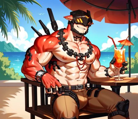 anime artwork score_9, score_8_up, score_7_up, best quality, high quality, highly detailed, cel shading, source_cartoon, <lora:Smooth Style LoRA XL:0.6> 1male,   (sitting on a chair, holding a cocktail,  smug expression, )metallic helmet, orange eyes, muscular humanoid, dark red fleshy skin, <lora:Drakahl_Crucible:0.8>   perfect pixels, super detailed,  ultra high definition, cinematic style, exceptional visuals,
