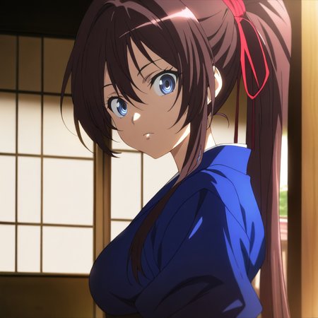 solo,anime coloring,looking at viewer,upper_body,masterpiece,high score,great score,absurdres,japanese clothes,hakama skirt,<lora:ShibataKatsuie ag4o:1> shibatakatsuie, brown hair, ponytail, blue eyes,