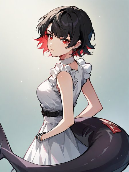<lora:XL_ellen joe(pony):1>,ellen joe girl,1girl,solo,black hair,multicolored hair,red eyes,short hair,earrings,piercing,shark tail,white dress,, score_9,score_8_up,score_7_up, source_anime,