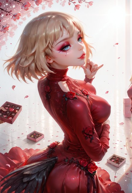 masterpiece, best quality, amazing quality, very aesthetic, absurdres, newest, (scenery, volumetric lighting),depth of field, 1girl,solo,sfw,((from behind:1.2),(from_back:1.2),(from above:1.3),Cowboy Shot) ,rr makeup, portrait, lipstick, eyeliner,raisa pottgen, world witches series, 1girl, bird tail, blue eyes, short hair, blonde hair,, 1girl,  "/:3", long sleeve, turtleneck, rose dress, red dress,, flower, roses, hearts, cherry blossom petals,box of chocolates,medium breasts, medium and teardrop shaped breasts,(covered breasts:1.3),curvy,skindentation,che_vuoi?_/(italian_gesture/), romantic, in love, Peachland, fantastic, (cherry blossoms), park, petals, wind,sunbeam, sun,solo focus, unsr,,(shiny skin:0.7),(sakimichan:0.8,wlop:0.5),masterpiece, best quality, amazing quality, very aesthetic, absurdres, newest, (scenery, volumetric lighting),depth of field,gobo lighting,qmiqun,  <lora:memento mori:0.6> <lora:MoriiMee_Gothic_Niji_Style_Illustrious_r1:0.8> artist:moriimee <lora:ral-vltne:1> ral-vltne <lora:TQ_-_Rustic_Wooden_Valentines_Day_Backdrops:1>  <lora:GOBOLightingILL:1> gobo lighting, shadows <lora:romanticredeyeshadowILL:0.8>