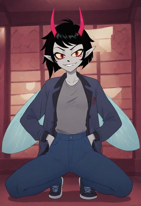 score_9, score_8_up, score_7_up, HD, best quality, masterpiece, hazbin, solo, 1girl, black hair, horns, antennae horns, pointy ears, makeup, coloured skin, grey skin, insect wings, grey shirt, letterman jacket, symbol on jacket, fly \(symbol\), tight pants, jeans, sneakers, indoors