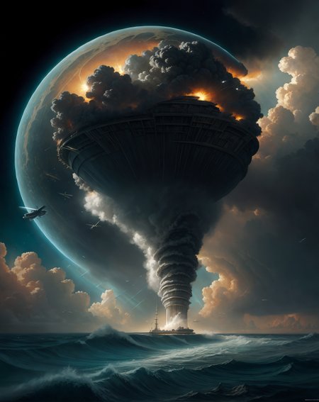 Craig Mullins: (bold brush strokes), (cinematic contrast), (sci-fi realism), (textured surfaces)Maldivian atoll where biorhythmic tides expose glowing plankton beaches,Cockpit ejection survival after dogfight windshield crash,Tornado alley: Supercell structure rotating with vorticist precision,
hyperrealistic surrealism,ultra-detailed,intricate textures,luminous colors,cinematic lighting,dramatic perspective,volumetric atmosphere,8k UHD,sharp focus, professional color grading, 
<lora:extremely_detailed:0.8> extremely detailed,
<lora:DetailMaximizer:0.7>,
<lora:offset_0.2:0.7>,
<lora:add-detail-xl:0.3>,
<lora:aidmaMJ6.1_v0.5_2:0.7> aidmamj6.1,
<lora:Consistency Corrector XL:0.3>, Retrofuturism painting art style, nostalgic composition, combines retro aesthetics with futuristic elements, Baroque art style, dynamic composition, dramatic lighting, rich colors, intricate details, professional-grade execution, captures the grandeur and theatricality of the Baroque period
