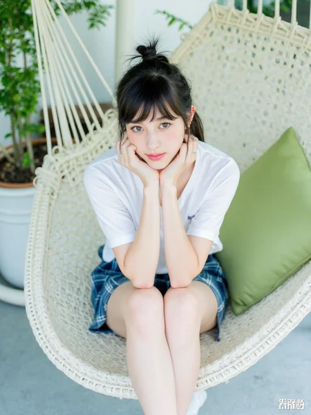 There are wonderful studio lights and various reflections,
18yo beautiful cute girl with blushing and female orgasm.skin naturally showing the texture of blood vessels and detailed pale skin,
--,
<lora:Nakajo_Ayami_f1:1>,she is Nakajo Ayami, --,This image depicts a young woman sitting in an outdoor hammock with a graceful yet slightly melancholic posture. She has dark hair tied in a half-ponytail with some loose strands naturally framing her face giving a casual and natural appearance. Her makeup is refined highlighting her delicate features. She is not wearing any jewelry such as a necklace maintaining a simple and natural overall look. She looks towards the camera with a gentle yet slightly melancholic gaze. Her hands are supporting her chin adding a sense of tranquility and contemplation to the scene. She is wearing a casual outfit including a white short-sleeved top and a blue plaid skirt. She is wearing white mid-calf socks and white sneakers giving a youthful and energetic look. She is seated on a white wicker hammock with a green cushion placed on it. Her legs are together and her posture is poised and graceful. Her gaze is directed towards the camera with a soft and slightly melancholic expression. Her casual and relaxed pose conveys a sense of comfort and serenity. The background is an outdoor scene with some green plants and a gray floor creating a simple and fresh environment. The lighting is bright making both the subject and the background appear clear and natural. The overall scene through the model's casual attire posture and gentle gaze creates an atmosphere of youth tranquility and a touch of melancholy. Her pose of supporting her chin further enhances the sense of serenity and contemplation. The bright outdoor lighting also adds a refreshing and natural quality to the image. The composition and lighting of the scene are well-handled resulting in a clear and natural depiction of the subject and the background.