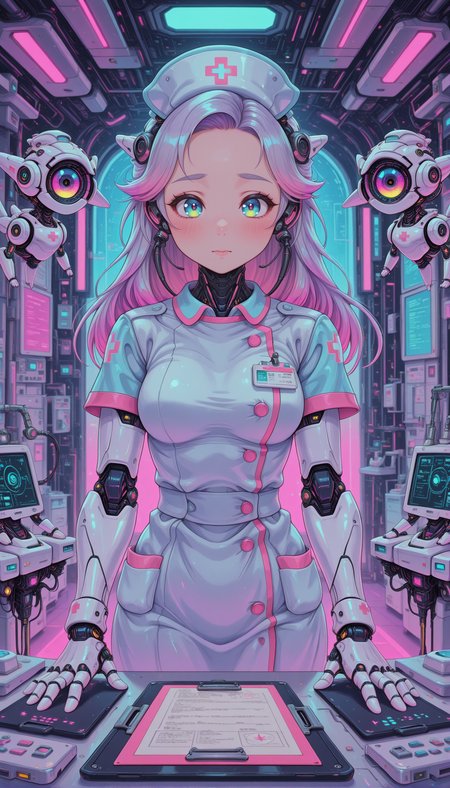 1girl, AI nurse, soft pastel medical uniform, tiny floating robotic helpers, cybernetic clipboard, gentle and caring expression, futuristic hospital masterpiece, best quality, amazing quality, very aesthetic, absurdres, detailed eyes, newest, pinkneoncybercore, <lora:PinkieNeonCybercoreIL:1>,