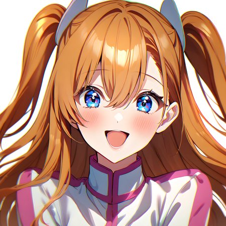 amano_ririsa, 1girl, solo, open mouth, smile, looking at viewer, blonde hair, blush, long hair, chromatic aberration, two side up, white background, blue eyes, bangs, hair between eyes, upper body, <lora:XL-AmanoRirisa:1>