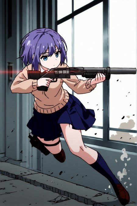 masterpiece, best quality, dark grey background, indoors, cinematic lighting, lens flare, flying debris, dust, smoke, amazing quality, very aesthetic, absurdres, best quality, newest, year 2023,  Kaede, school Outfit, solo, expressionless, aiming tactical shotgun, thigh gun holster, full body,  <lora:JN_Kaede_Illus:0.8>