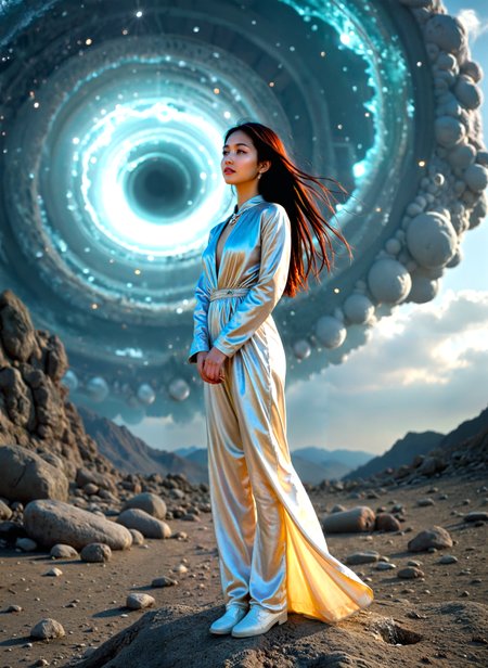 cinematic film still a young woman standing on a rocky terrain with mountains in the background. She is wearing a long, flowing white dress with a high neckline and long sleeves. Her long dark hair is blowing in the wind, and she is looking off into the distance with a dreamy expression on her face. In the center of the image, there is a large, circular vortex that appears to be made up of small, white spheres. The vortex is surrounded by a halo of light, giving it an ethereal and mystical feel. The sky is a deep blue with a few clouds, and the overall color palette is predominantly blue and white. The overall mood of this image is surreal and dreamlike. <lora:add-detail-xl:.5>  <lora:Flux-style-xl-lora:.5>