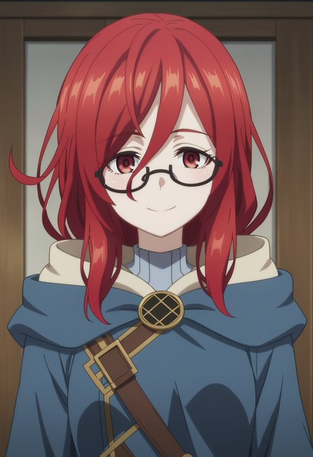 score_9, score_8_up, score_7_up, source_anime,
BREAK
1girl, solo, anime screencap, anime coloring, 
<lora:shiSophiaV1:0.9>, 
shitaliablack, long hair, red eyes, hair between eyes, red hair,
pale skin, semi-rimless eyewear, glasses
blue robe, blue cloak, blue hood, long sleeves, 
looking at viewer, smile,