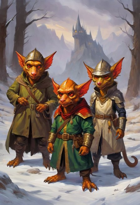 a painting of 3 kobolds in a wizard's trench coat, kobold wizard mafia, cute fantasy art, art, oil painting, digital painting
Furry Creatures or Goblin-like Beings, diminutive, humanoid figures,  gnome-like, furry goblin-like beings with cute exaggerated features, dog-dragon like
Elmore_Style_LX, in the style of jeff-easley