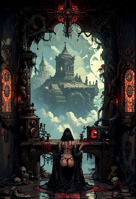 score_9, score_8_up, score_7_up, yamer_pixel_fusion, pixel art, 
An alluring priestess, draped in a flowing crimson robe, performs a ritual before an ancient altar. The robe clings to her form, and her eyes glow with an otherworldly light. The background features an intricate stained glass window, casting multicolored light across her and creating a mystical, captivating atmosphere., 
occult lingerie, full view of her booty, big booty, big butt, naughty, looking over her shoulder, seducing with her big butt, sexy ass seductive wide hips, butt cheeks, twerk, in the style of a vintage, high-contrast setting, capture the essence of a campy and sensual satanic ritual. Emphasize theatrical elements with bursts of bright colors against dark, moody backgrounds
, retro futuristic, atompunk, hyper-detailed, dark fantasy, lofi, d3p1x3l, pixel art
