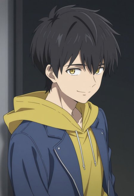 masterpiece,best quality,amazing quality, source_anime, 
KurouSakuragawa, 1boy, male focus, solo, yellow eyes, black hair, hoodie, yellow hoodie, hood, jacket, blue jacket, open jacket, smile,