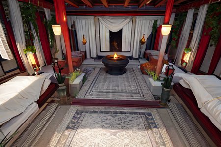 highly insanely detailed, masterpiece, top quality, best quality, highres, 4k, 8k, RAW photo, (very aesthetic, beautiful and aesthetic),  
Ancient Roman Interior Design,RomInt,ancient_roman_bedroom,bed,blanket,intimate_space,candlelight_ambience, 
<lora:RomanInterior-10:0.7>, 
(1girl:1.3), 
1other, 
, 
, 
, 
Utopian Rustic Chinese Interior,scenery,plant,gray velvet couch,gray and yellow cushion,teapot,cup,mountain,tree,wood table,wooden floor,rug,sliding doors,vase,flower pot,potted plant,flower,chandelier,lamp,lantern,food on the table, 
scenery,360 panorama,ultra wide angle,very wide shot,wide angle shot,aerial view,drone view,outdoors,âââ