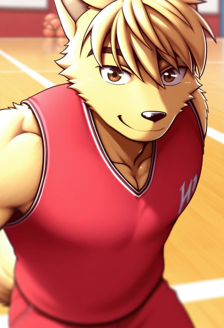 <lora:DanielDxO_ILLXL:1>, daniel, dingo boy, blond fur, blond hair, short hair, dog tail, brown eyes, no humans, perfecteyes, furry male, furry, anthro, 1boy, solo, muscular, athletic build, large pectorals, beautiful, highres, absurdres, hyper-detailed, depth of field, very aesthetic, soft shading, high sharpness, vibrant colors, dynamic angle, semi-realistic lighting, detailed background, basketball court, red tank top, red shorts, sportswear, face focus, close up, portrait, smile, ^_^