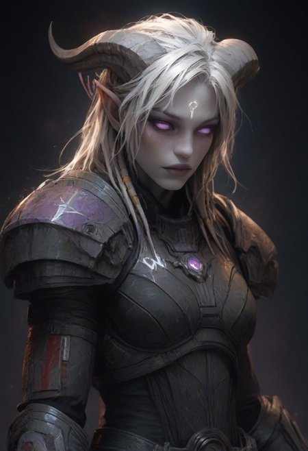 (absurdres, best quality, masterpiece:1.4), score_9, score_8_up, score_7_up, score_6_up, detailed, detailed body, detailed face, world of warcraft, fantasy, <lora:add-detail-xl:1.5>, 
fFaceDetail, SkinDetail, fFaceDetail, (female, draenei, h0rns, ram horns, white horns, tall, pale white skin, long white hair, purple eyes, no pupils, no sclera),
n7 armor, 
alone, upper body, 
fantasy village background,
