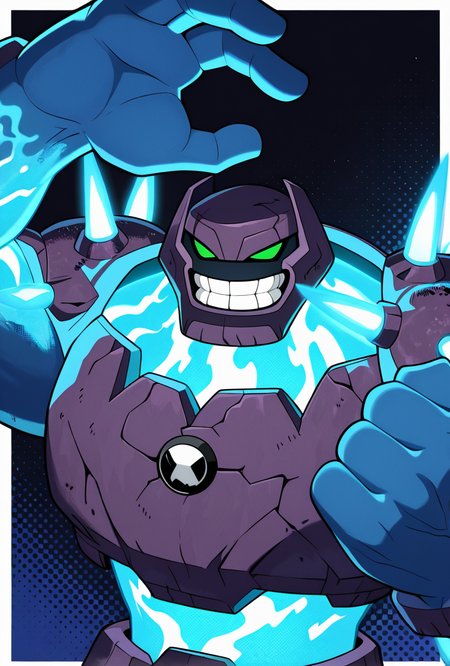 <lora:shockrock-09:1> shockrock, glowing, solo, big arms, big hands, Blue shoulder  spikes, 1boy, no humans, green eyes, blue energy body, energy body, moss gray chest plate, Blue hands,   smile, teeth, grin, blue Arms ,blue neck, energy being, blue waist, pose,, masterpiece, best quality, amazing quality, very aesthetic, absurdres, newest,, upper body, halftone effect, white borders, abstract background:1.2,