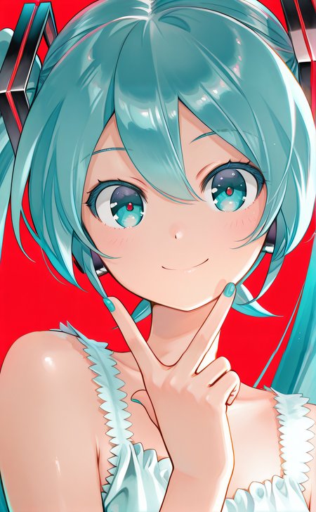 masterpiece, best quality, 1girl, solo, original artstyle, official artstyle, <lora:KEI_Style:1>, kei, hatsune miku, looking at viewer, smile, simple background, hand up, peace sign, five fingers