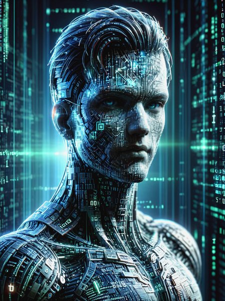 man made of mad-dtstrm in cyberspace Slight head tilt pose <lora:Neon_Cyberpunk_Datastream_SDXL:0.8>, (masterpiece:1.2), best quality