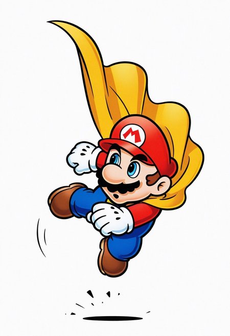 1boy, solo, male focus, 
cowboy shot, 
action pose, jumping, 
mario, 
yellow cape, 
looking to the side, 
simple background, white background