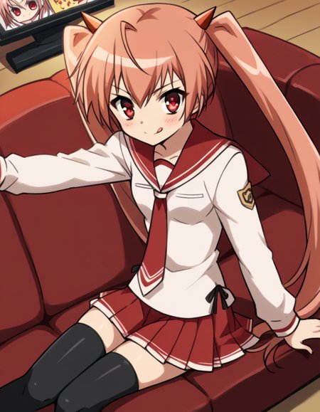 score_9, score_8_up, score_7_up, source_anime, <lora:aria-holmes-kanzaki-s1-ponyxl-lora-nochekaiser:1>, aria holmes kanzaki, long hair, red eyes, twintails, pink hair,, skirt, thighhighs, school uniform, serafuku, zettai ryouiki, white shirt, long sleeves, red sailor collar, necktie, red necktie, red skirt, pleated skirt,, living room, television, couch, popcorn, watching movie, night time, sitting,, , <lora:money-gesture-ponyxl-lora-nochekaiser:1>, money gesture, blush, sitting, couch, arm support, smile, tongue out, knee up, from above, looking at viewer, solo,, dutch angle, cowboy shot