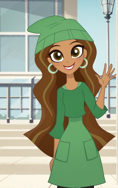 ((score_9)), score_8_up, ((high quality)), ((masterpiece)) BREAK
  DCSG Style, JessicaC, JessicaC Normal, Brown Hair, beanie, earrings, brown eyes, dark skin, long hair, Green Dress, smiling, looking at viewer waving, good hands, good anatomy <lora:DC_Superhero_Girls_2019:0.8>,<lora:pony_good_hands:0.8>