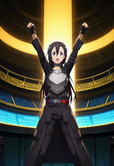 masterpiece, best quality, , (photorealistic:0.6), looking at viewer, 1boy, solo, male focus, <lora:kazuto_kirigaya_ilxl:0.98>, kazuto_kirigaya_ggo, black hair, purple eyes, hair between eyes, long hair, androgynous, sao-ggo, kirito \(sao-ggo\), mech arena, steel seats, gear podiums, robot fights, cheering pose, enthusiastic expression, metallic lighting, egyptian costume