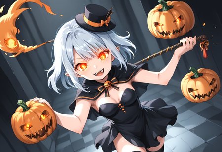 (masterpiece), (score_9, score_8_up, score_7_up,source_anime), 4K8K, 
(from above), misty, steam, fog, Floating Halloween pumpkins, 
halloween, halloween fantasy, jakkRo, 
(pumpkinhead woman, Pumpkinhead:1.3), (solo), (Glossy skin, pale skin:1.3),  (hugging myself, holding stick), burning pumpkin, (dark aura:1.4), (smirk, half-opened mouth, Canine, tooth, fang1.2), 
(medium figure:0.9), (pointy breasts:1.1), 
(glowing eyes), 
(wearing vampire cos, dress, makeup, red and black dress, Miniature Hats, zettai ryouiki, thighhighs:1.2), 
(emperor's audience room, dark room:1.3), elf ears,