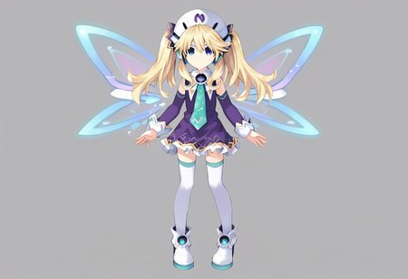 Histoire \(neptunia)\, blonde hair, blue eyes, long hair, twintails,, short dress, hat, necktie, thighhighs, white legwear, fairy wings, footwear, boots, detached sleeves,, short,   standing,   score_9, score_8_up, score_7_up, ,source_anime, best quality, masterpiece,   , full body view ,  1girl , solo , girl focus ,